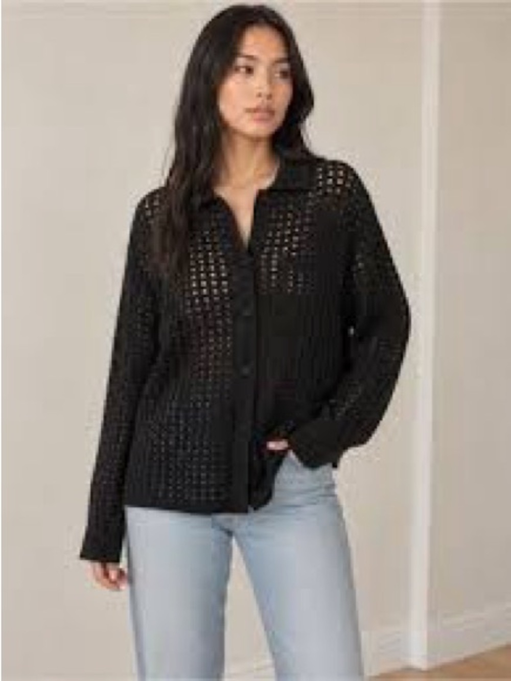 OAK + FORT Black Open-Weave Button Cardigan